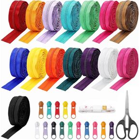 15Pcs #5 Nylon Coil Zippers Assorted 45 Yards Sewing Zippers Bulk Zipper by The Yard with 90Pcs Sliders Pull Head Zipper Repair Kit for DIY Tailor Sewing Crafts Supplies(15 Colors)