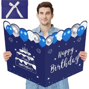 Zirtorei Large Birthday Card With Envelope, Blue Silver Happy Birthday Giant Guest Signature Book, Big Birthday Greeting Card Gifts for men, Jumbo Bday Decorations Party Supplies