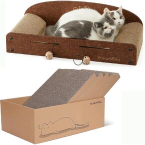 Fukumaru Cat Scratcher ، صالة خدش 26 بوصة و 5 أجهزة كمبيوتر منصات الخدش مع صندوق ، من الورق المقوى مع لعبة الكرة للقطط الداخلية