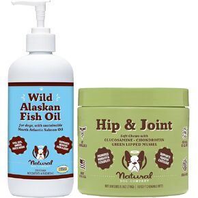 Natural Dog Company Complete Wellness dog vitamins and supplements bundle, includes (1) Hip and Joint Chews Supplement-90 pcs cosequin for dogs, (1) Wild Alaskan Fish Oil 16 Oz omega 3 fish oil for do