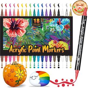 AKARUED Acrylic Markers Paint Pens Dual Tip: 18 Colors Acrylic Paint Marker with Round Tip and Brush Tip for Kids, Acrylic Paint Pen for Wood, Rock Painting, Easter Egg, Glass, Ceramic, Stone, Paper