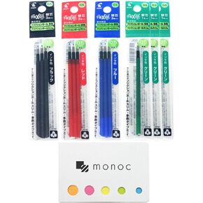 Pilot Gel Ink Refills for FriXion Ball 4 Gel Ink Multi Pen, 0.5mm, Black/Blue/Red/Green Ink, 6 Packs 12 Refills Total Value Set & "monoc" Sticky Note(Japan Import)