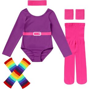 IBAKOM Toddler Girl 80s Workout Outfits Kid Halloween Dance Costume with Pink Headband Wristband Tight Rainbow Leg Warmers