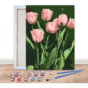 Bimkole Framed Paint by Numbers Kit for Adults Pink Tulip, DIY Oil Painting Kit on Canvas with Paintbrushes and Acrylic Pigment, for Paint by Numbers Beginner, for Home Wall Decor 8x12inch/20x30 cm