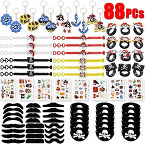 Hlenyoy 88 PCS Pirate Party Supplies Favors Pirate Keychain Rings Bracelets Pirate Eye Patch Matache Tattoos ملصقات Pirate Pirate Decoration