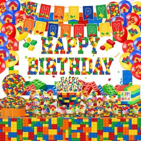 118 PCS Building Backs Supplies Supplies Party Party - مجموعة زخارف بناء ملونة ، تشمل لافتة خلفية البالون لوحة الشوكة شوكة المائدة كب كيك توبور الحفلات للأطفال المراهقين الأولاد