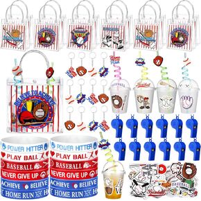 Sweetude 121 PCS Baseball Gifts Cups Baseball مع Lids Straws Baseball Goodie Bags Keychain Baseball Silicone Standbands صافرة لزخارف عيد ميلاد البيسبول