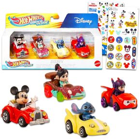Disney Character Cars Hot Wheels Set - 4 Pc Disney Party Supplies Bundle with Disney Hot Wheels Character Cars, Stickers & Tattoos | Disney Party Favors