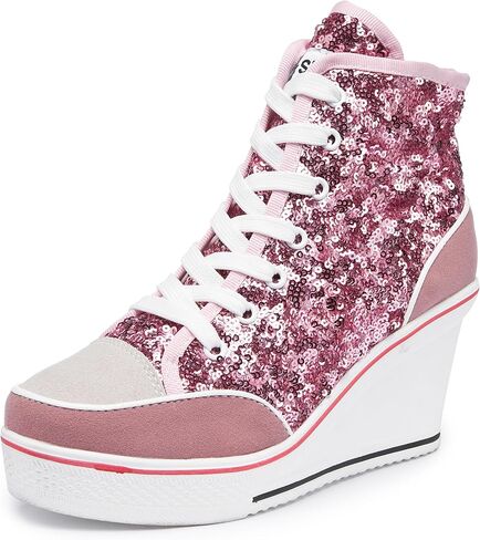 Women's Canvas High-Heeled Bling Shoes Casual Shoes Fashion Sparkling Sneakers for Walking Platform Wedges Pump Shoes in Kuwait
