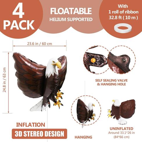 Patriotic Independence Day 3D Giant Eagle Bird Foil Balloons, Inflatable 4 th July Realistic American Bald Eagles Blowup Balloon For Birthday Animal Themed Party Decoration Supplies in Saudi Arabia