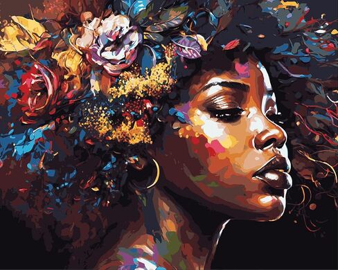 Adult Paint by Number Black Girls DIY Beautiful Flower Girl Painting Artwork Modern African Americans Portrait Art Black Background Paints for Room Decor 16x20 in in Saudi Arabia