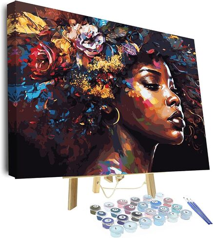 Adult Paint by Number Black Girls DIY Beautiful Flower Girl Painting Artwork Modern African Americans Portrait Art Black Background Paints for Room Decor 16x20 in in Saudi Arabia