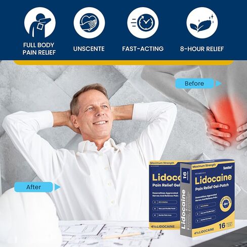 Sumifun 4% Lidocaine Patches Maximum Strength - 24 Count Pain Relief Patches for Back, Shoulder, Elbow, Knee, Muscle & Joint - Lower Back Pain Relief Products - Pain Patches Maximum Strength Lidocaine in Kuwait