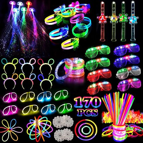 170 PCS Glow in the Dark Party Supplies Adult kids party favors, LED Glasses, Glow Hair Clips, Glow Glasses Molds, glow sticks bulk party pack, Glow bracelets, Glow Spinner bracelet in Saudi Arabia