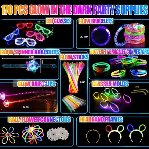 170 PCS Glow in the Dark Party Supplies Adult kids party favors, LED Glasses, Glow Hair Clips, Glow Glasses Molds, glow sticks bulk party pack, Glow bracelets, Glow Spinner bracelet in Saudi Arabia