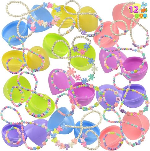 JOYIN 12 Pack Prefilled Easter Eggs with Different Designs of Beads Bracelets and Rings Inside, Jewelry Toys for Easter Basket Stuffers, Kids Egg Hunt, Girls Party Favors, Classroom Prizes Supplies in Saudi Arabia