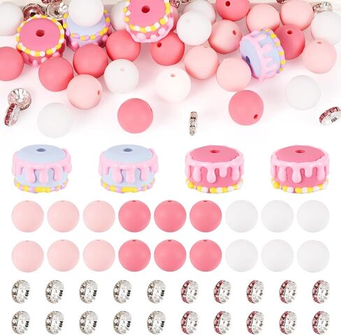 71 Pcs Pink Silicone Beads for Keychain Makings 15 mm Silicone Round Bead for DIY Pen Glass Butterfly Charms Rhinestone Spacer Beads for Valentine’s Bracelet Necklace Jewelry Making in Saudi Arabia