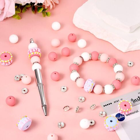 71 Pcs Pink Silicone Beads for Keychain Makings 15 mm Silicone Round Bead for DIY Pen Glass Butterfly Charms Rhinestone Spacer Beads for Valentine’s Bracelet Necklace Jewelry Making in Saudi Arabia