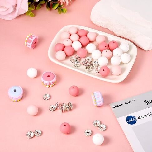 71 Pcs Pink Silicone Beads for Keychain Makings 15 mm Silicone Round Bead for DIY Pen Glass Butterfly Charms Rhinestone Spacer Beads for Valentine’s Bracelet Necklace Jewelry Making in Saudi Arabia