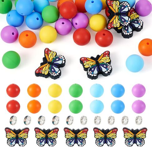 71 Pcs Pink Silicone Beads for Keychain Makings 15 mm Silicone Round Bead for DIY Pen Glass Butterfly Charms Rhinestone Spacer Beads for Valentine’s Bracelet Necklace Jewelry Making in Saudi Arabia