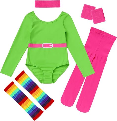 IBAKOM Toddler Girl 80s Workout Outfits Kid Halloween Dance Costume with Pink Headband Wristband Tight Rainbow Leg Warmers in Saudi Arabia