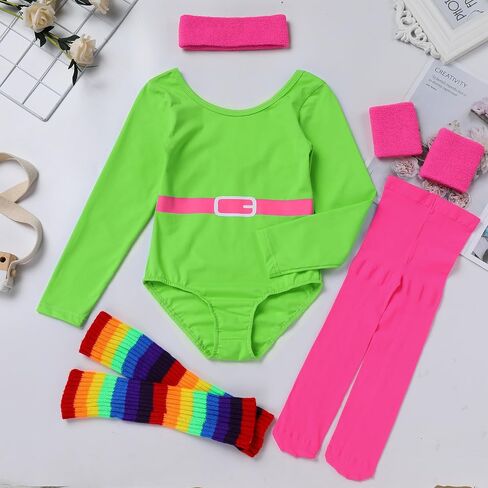 IBAKOM Toddler Girl 80s Workout Outfits Kid Halloween Dance Costume with Pink Headband Wristband Tight Rainbow Leg Warmers in Saudi Arabia