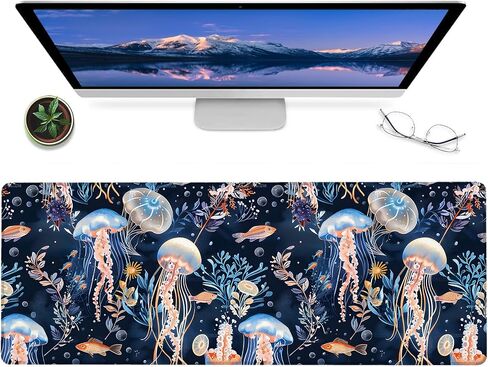 Nautical Jellyfish Gaming Mouse Pad,12x31.5in Non-Slip Rubber Beach Ocean Desk Mat,Large Extended Mousepad for Office Home Laptop,Mice Pads Gifts,Game Lover Deskmat Decor (Blue) in Saudi Arabia