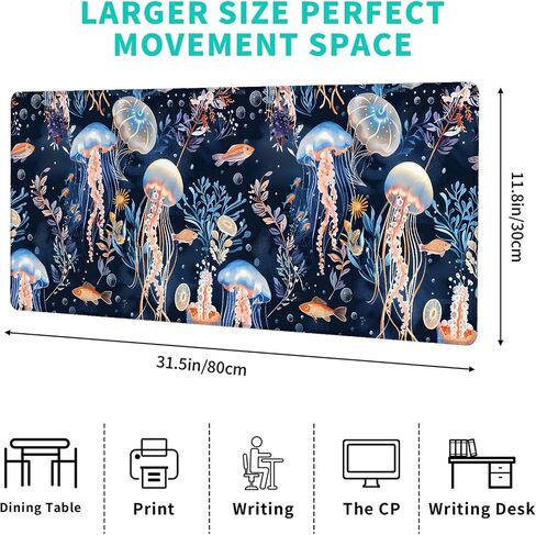 Nautical Jellyfish Gaming Mouse Pad,12x31.5in Non-Slip Rubber Beach Ocean Desk Mat,Large Extended Mousepad for Office Home Laptop,Mice Pads Gifts,Game Lover Deskmat Decor (Blue) in Saudi Arabia