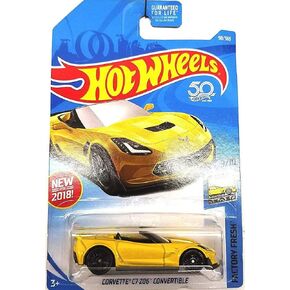 Hot Wheels 2018 50th Anniversary Factory Fresh Corvette C7 Z06 Convertible 98/365 ، الأصفر