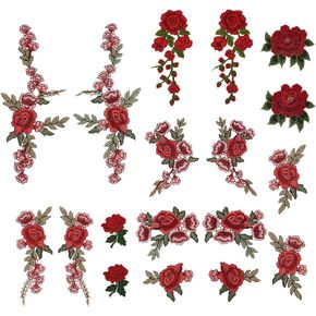 FINGERINSPIRE 9 Pair Rose Embroidered Flower Applique Sew On Embroidered Flower Patches 3D Red Flower Sew Iron On Patch Embellishments Applique Sewing Patches for Clothes Jeans Jackets Bags DIY