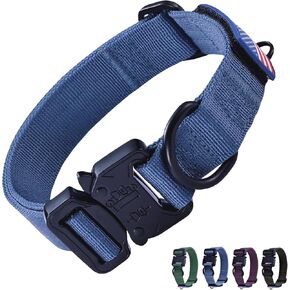 KCUCOP Heavy Duty Dog Collar - Adjustable Tactical Military Dog Collars with Metal Buckle, Quick Release, 2 D-Rings & Flag Patch for Medium & Large Dogs(Blue-L)