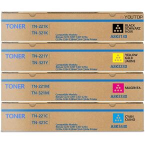 4PK TN-221 TN221 Toner Cartridge Compatible for Konica Minolta bizhub C227 C287 (A8K3130 A8K3230 A8K3330 A8K3430)