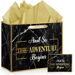 Retirement Gift Bag for Men Black Gold Retirement Gift Paper Bag with Tissue Card The Adventure Begin Bridal Shower Wrapping Bag for Christmas Engagement Travel Gift Lake House Gift Bride to Be Party Decor