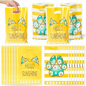 Paw Print Party Favor Bags - 50Pcs Plastic Daisy Candy Treat Gift Bag with Handles Paw Printed Snack Goodie Treat Pouches Birthday Party Supplies Daisy Wedding Baby Shower Decor