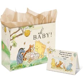 1PCS Winnie Baby Shower Decoration, We Can Bearly Wait to Meet You Baby Party Gift Bags, Baby Shower Party Bags with Handle, Winnie Gift Bag with Writing Card, Baby Shower Party Supplies(13 inch)