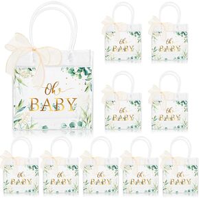 Whaline 12Pcs Clear PVC Gift Bags with Handles Baby Shower Greenery Eucalyptus Leaves Party Favor Bags with Handle Oh Baby Treat Tote Bags with Ribbon for Birthday Baby Shower, 7.9 x 3.9 x 7.9 Inch