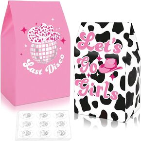 Whaline 24Pcs Disco Cowgirl Party Favor Bag Last Disco Party Gift Bag with Sticker Pink Black Paper Goodie Bag Retro Treat Bag for 70s 80s Disco Dance Bridal Shower Wedding Bachelorette Party Supplies