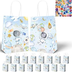 HAPPARTY 16PCS Blue Space Astronaut Party Gift Bags for Boy With Stickers 50PCS, First Trip Around the Sun Candy Treat Goodie Bags, Houston We Have a Boy Baby Shower Decorations