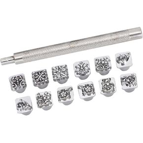 12Pcs Stamping Punch Tool, Leather Craft Stamping Tools Flower Design Vegetable Leather Stamper and Handle Set for DIY Leather Belt Craft Making