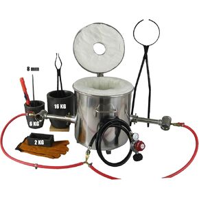 16KG Propane Melting Furnace Kits with Dual Forge Burners, 2 Crucibles (16KG,6KG), Ingot Mold (2KG), 10KG Crucible Lifting and Pouring Tongs Encluded, Foundry Furnace for Melting Metal Gold,Copper