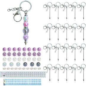 100 PCS Silver Beaded -keychain kit for pendant diy مع قضبان مفاتيح قابلة للخرز فارغة ، حبات أكريليك ، حبات فاصل ، شكر البطاقات ، أكياس الحقيبة القابلة للاستيلاء ، وصنع المجوهرات هدية
