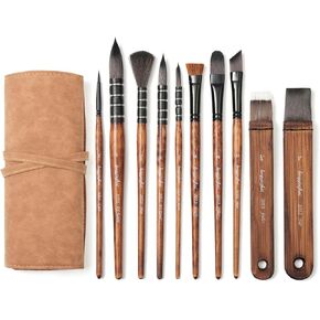 Professional 10pc Taklon Synthetic Paint Brushes Set for Watercolor, Acrylic, Gouache - 8 Brush Heads with Travel Case, Eco Corn Glue, 3000+ Stroke Tested (Pro/Hobbyist/Beginner Art Supplies)