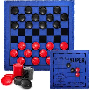 Yarlung Giant Checkers Set Tic Tac Toe Game, 3 in 1 Jumbo Checkers Game Board for Family Camping, Yard, Lawn Games, 2 Players, Blue Reversible Rug