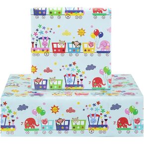 Colorul Cute Animal Party Choo Choo Train With Flower Sunshine Clouds and Happy Balloons Gift Wrapping Paper For Birthday Holiday Christmas- (28"x20" Per Sheet, Foled Flat 4-Sheets, 1-Designs: 15 sq.