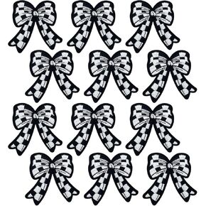 12Pcs Bow Checkered Iron On Patches Black Embroidered Applique Western Punk Sew On Patch Applique Embellishments Funny Badge Appliques for Clothes Jeans Shirt Bags DIY Craft