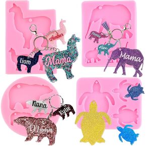 Mama and Baby Keychain Resin Silicone Molds Alpaca Bear Elephant Sea Turtle Epoxy Jewelry Casting Mold for Epoxy Jewelry Making Pendant Necklace Crafts Set of 4
