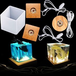 4PCS Square Light Resin Molds Set Include Large Cube Silicone Molds and 3PCS USB Powered Wooden Lighted Base for DIY Crystal Resin Art Table Lamp Home Decor
