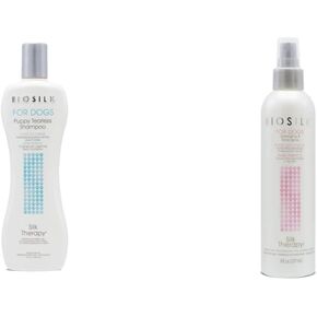 BioSilk for Dogs Silk Therapy Puppy Tearless Shampoo for Dogs, 12 Ounce Bottle of Dog Shampoo & Dogs Silk Therapy Detangling Plus Shine Mist for Dogs | Best Detangling Spray, 8 Oz Bottle