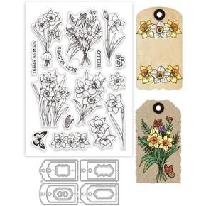 GLOBLELAND Daffodil Label Clear Stamp and Cutting Dies Set for Card Making Spring Flowers Butterfly Silicone Clear Stamp Metal Words Best Wishes Die Cuts for DIY Scrapbooking Photo Album Decorative
