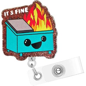 Funny Dumpster Fire Badge Reel - Cute It's Fine Badge Clip with Alligator ID Clip for Nurse Doctor Teacher Student Name Tag Card Blue Badge Holder for Nursing Assistant Staff Volunteer Office Work
